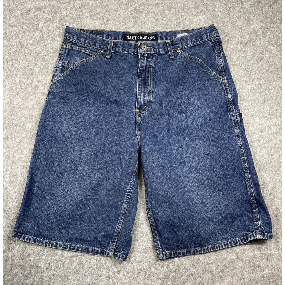 VTG NAUTICA Denim Jorts Mens 38 Baggy High RiseJean Shorts 13" Utility Y2K